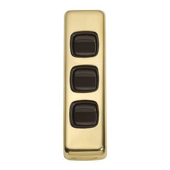 Tradco Switch Flat Plate Rocker 3 Gang Brown Polished Brass W30mm