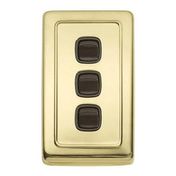 Tradco Switch Flat Plate Rocker 3 Gang Brown Polished Brass W72mm