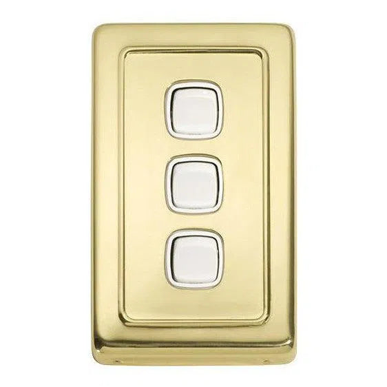 Tradco Switch Flat Plate Rocker 3 Gang White Polished Brass W72mm