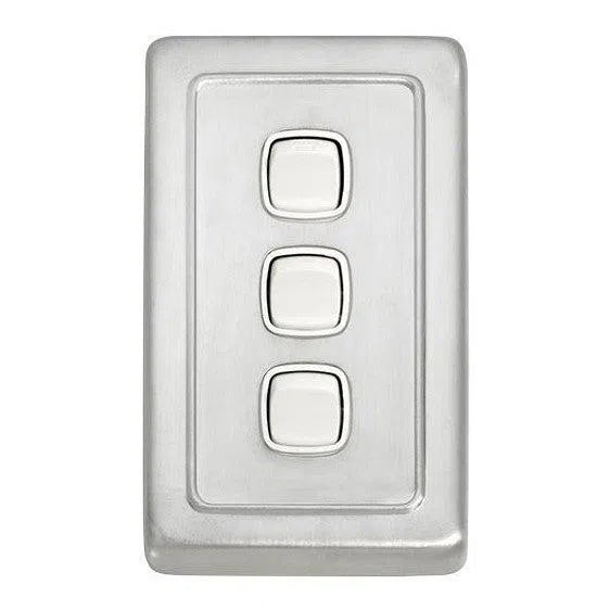 Tradco Switch Flat Plate Rocker 3 Gang White Satin Chrome W72mm