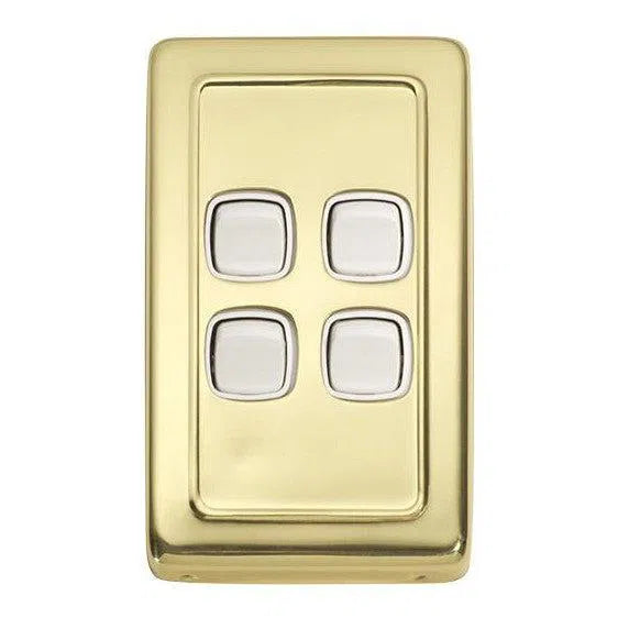 Tradco Switch Flat Plate Rocker 4 Gang White Polished Brass