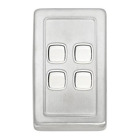 Tradco Switch Flat Plate Rocker 4 Gang White Satin Chrome
