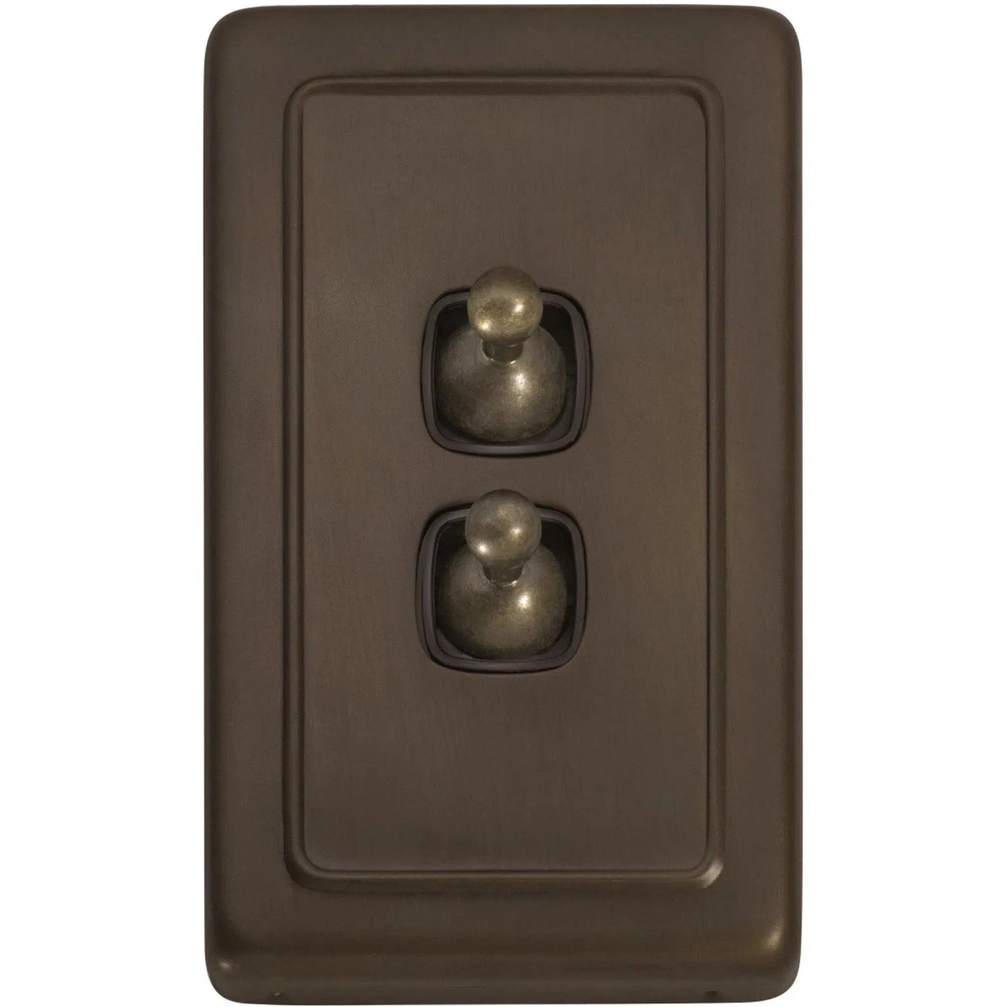 Tradco Switch Flat Plate Toggle 2 Gang Brown Antique Brass W72mm