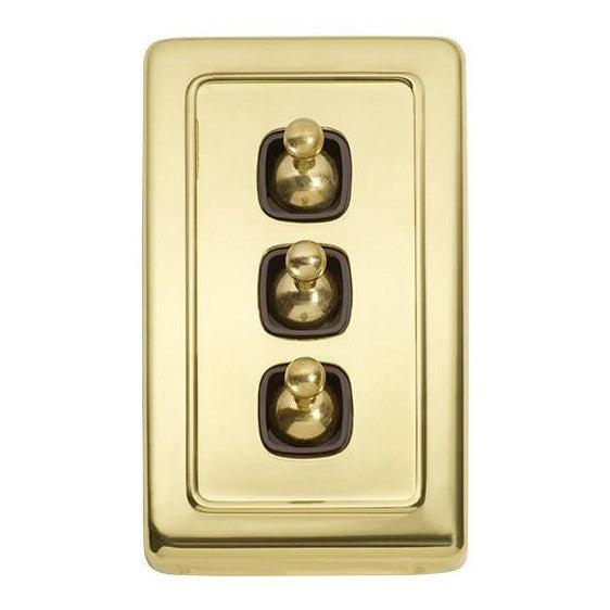 Tradco Switch Flat Plate Toggle 3 Gang Brown Polished Brass W72mm