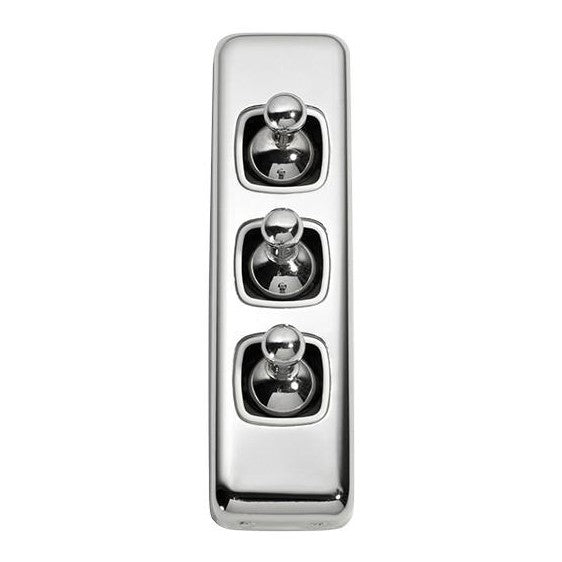 Tradco Switch Flat Plate Toggle 3 Gang White Chrome Plated W30mm