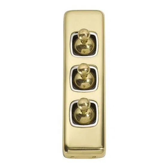 Tradco Switch Flat Plate Toggle 3 Gang White Polished Brass W30mm