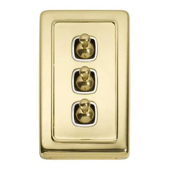 Tradco Switch Flat Plate Toggle 3 Gang White Polished Brass W72mm