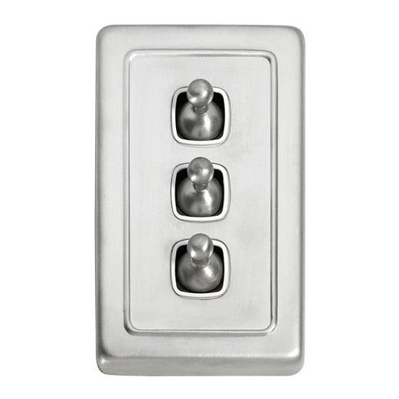 Tradco Switch Flat Plate Toggle 3 Gang White Satin Chrome W72mm