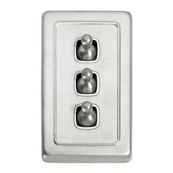 Tradco Switch Flat Plate Toggle 3 Gang White Satin Chrome W72mm