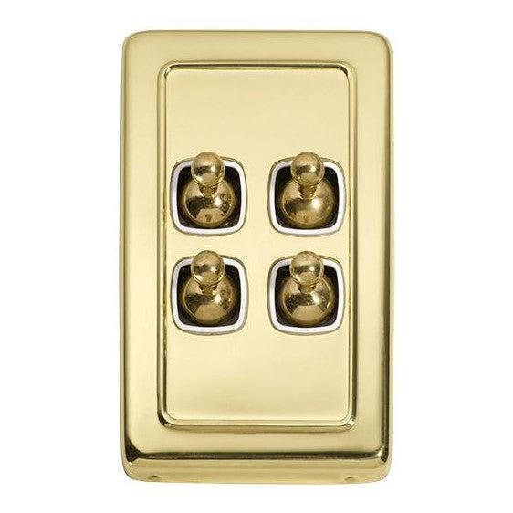 Tradco Switch Flat Plate Toggle 4 Gang White Polished Brass